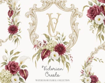Victorian Wedding Crests Floral Collection - Burgundy Flowers - Premade Frames - Watercolor Florals - Crests PNG - Gold Alphabet
