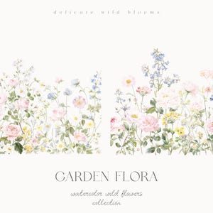 以下が含まれることがあります： 繊細な野の花が咲く庭の風景を描いた水彩イラスト。ピンク、青、黄色の花が描かれており、「delicate wild blooms」と「GARDEN FLORA watercolor wild flowers collection」の文字が入っています。