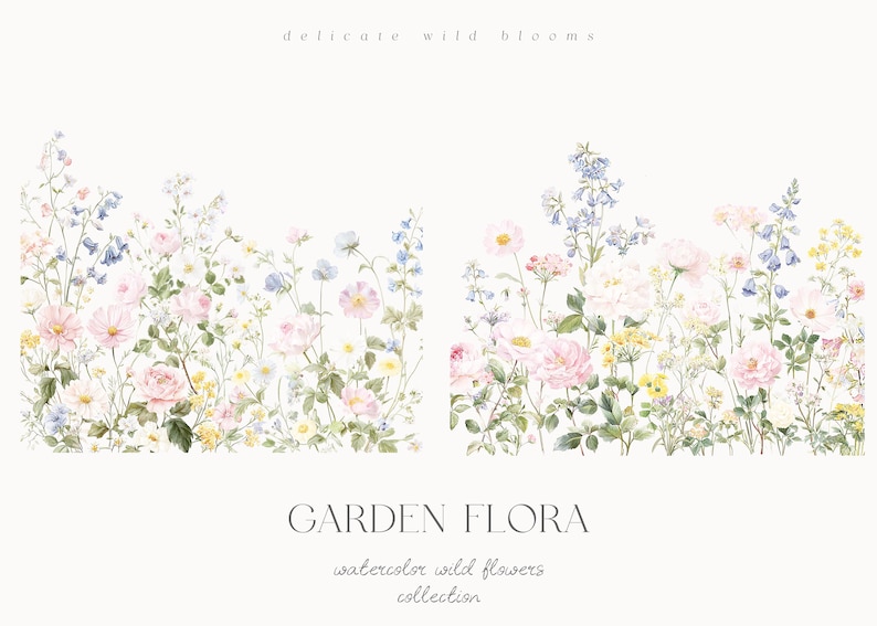 以下が含まれることがあります： 繊細な野の花が咲く庭の風景を描いた水彩イラスト。ピンク、青、黄色の花が描かれており、「delicate wild blooms」と「GARDEN FLORA watercolor wild flowers collection」の文字が入っています。