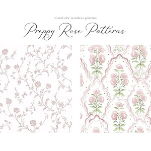 Puede incluir: Dos patrones de acuarela sin costuras con rosas rosas. El primer patr&oacute;n es un dise&ntilde;o floral delicado con rosas rosas y enredaderas. El segundo patr&oacute;n presenta rosas rosas en un dise&ntilde;o m&aacute;s ornamentado con acentos rosas y blancos.