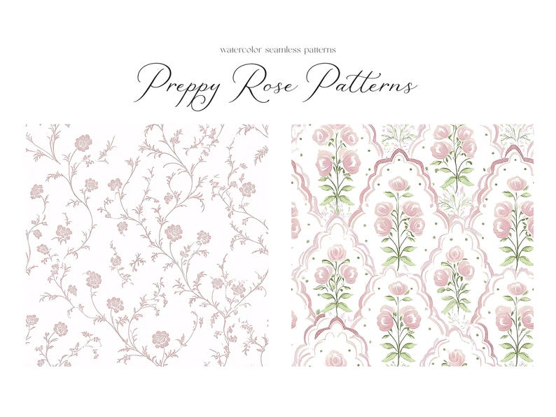 Puede incluir: Dos patrones de acuarela sin costuras con rosas rosas. El primer patr&oacute;n es un dise&ntilde;o floral delicado con rosas rosas y enredaderas. El segundo patr&oacute;n presenta rosas rosas en un dise&ntilde;o m&aacute;s ornamentado con acentos rosas y blancos.