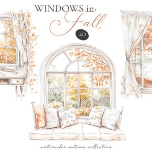 Clipart de Outono em Aquarela, Clipart de Janelas, Janelas de Outono, Clipart de Outono, Clipart de Outono, Clipart Cottagecore, Álbum de Recortes, Clipart de Outono de Janelas
