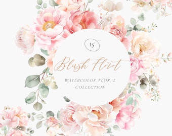 以下が含まれることがあります： 15個の淡いピンクと白の花、緑の葉、そして「Blush Florist Watercolor Floral Collection」というテキストが書かれた水彩画の花のコレクションです。