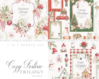 Watercolor Christmas Bundle - Winter Festive Collection - Christmas PNG -  Backgrounds - Cozy Cottage - Cottagecore - Floral Clipart