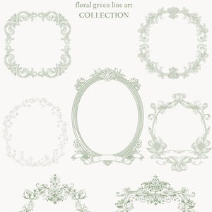 Op de afbeelding: Een verzameling vintage-stijl frames en decoratieve elementen in een bloemig groen lijnkunstontwerp. De afbeelding toont verschillende framevormen, waaronder ovaal en rechthoekig, met sierlijke details en lintaccenten. Tekst bevat "Vintage Reviere" en "floral green line art COLLECTION".