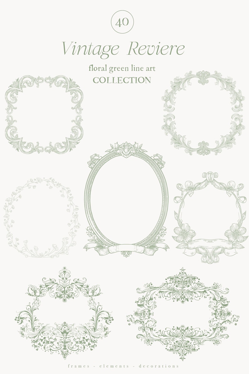 Op de afbeelding: Een verzameling vintage-stijl frames en decoratieve elementen in een bloemig groen lijnkunstontwerp. De afbeelding toont verschillende framevormen, waaronder ovaal en rechthoekig, met sierlijke details en lintaccenten. Tekst bevat "Vintage Reviere" en "floral green line art COLLECTION".
