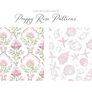 Puede incluir: Dos patrones sin costuras, uno con rosas y hojas rosas de acuarela sobre un fondo blanco, el otro con un contorno blanco de conchas y estrellas de mar sobre un fondo blanco. El texto "Preppy Rose Patterns" est&aacute; en la parte superior de la imagen.