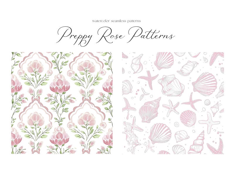 Puede incluir: Dos patrones sin costuras, uno con rosas y hojas rosas de acuarela sobre un fondo blanco, el otro con un contorno blanco de conchas y estrellas de mar sobre un fondo blanco. El texto "Preppy Rose Patterns" est&aacute; en la parte superior de la imagen.