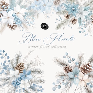 Arranjo Floral de Inverno Azul Aquarela Clipart, Clipart Floral Azul, Flores de Inverno, Clipart Floral, Clipart Aquarela, Clipart Festivo