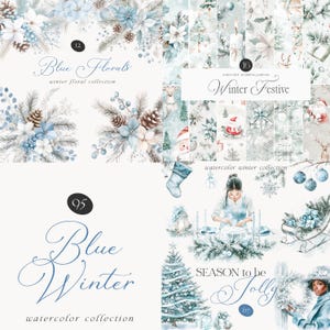 Puede incluir: Una colección de ilustraciones de acuarela con temas invernales. Las ilustraciones incluyen arreglos florales azules, escenas de invierno con nieve y una mujer decorando un árbol de Navidad. El texto "Blue Florals", "Winter Festive", "Blue Winter" y "SEASON to be Jolly" está incluido en la imagen.