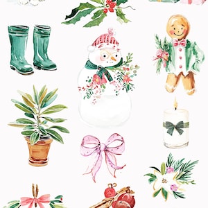 May include: Watercolor illustrations of winter and Christmas-themed items. Includes a cat in a scarf, a snowman, a gingerbread man, a wreath, gifts, boots, a bow, a candle, and a jacket. Text reads "Quirky Christmas Winter Time Doodles."