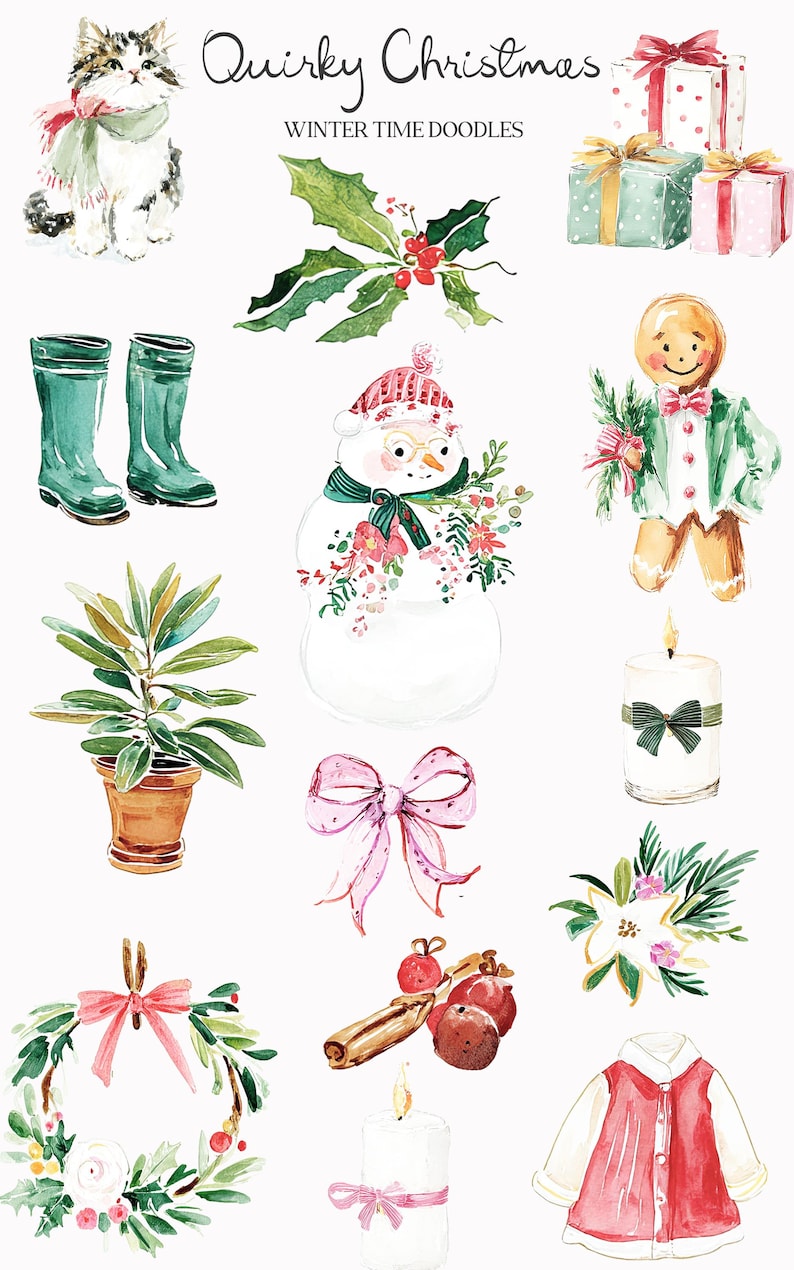 May include: Watercolor illustrations of winter and Christmas-themed items. Includes a cat in a scarf, a snowman, a gingerbread man, a wreath, gifts, boots, a bow, a candle, and a jacket. Text reads "Quirky Christmas Winter Time Doodles."