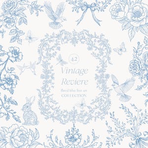 Op de afbeelding: Een vintage-stijl illustratie met blauwe bloemenlijnkunst, vlinders, vogels en een konijn op een cr&egrave;mekleurige achtergrond. De tekst luidt "Vintage Reviere floral blue line art COLLECTION". Het ontwerp bevat een decoratief frame en strik.
