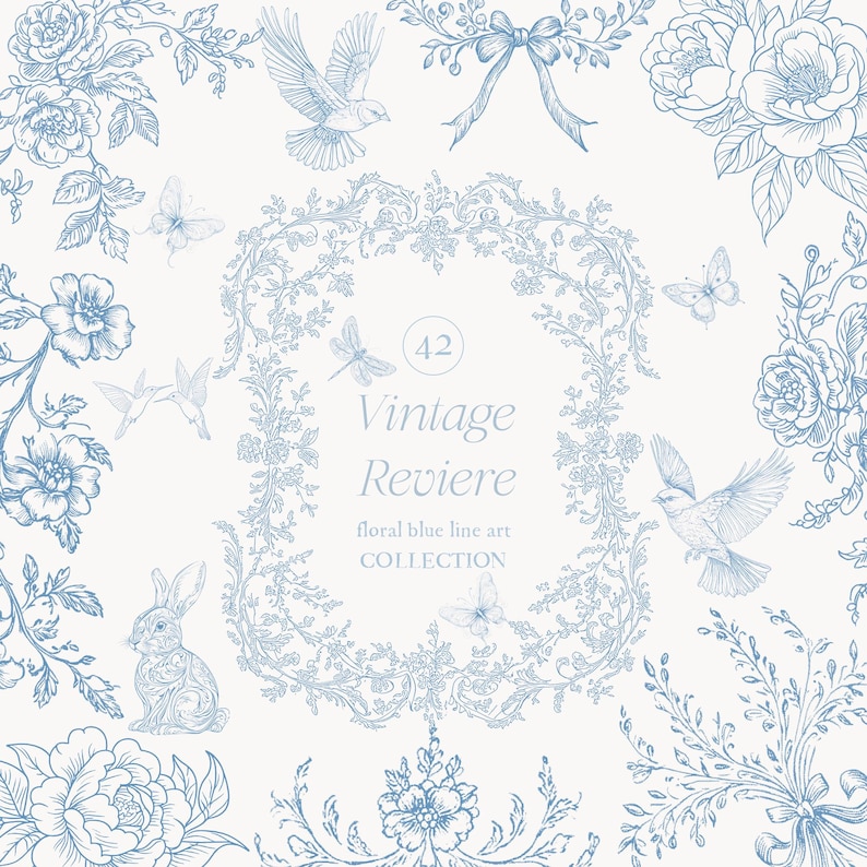 Op de afbeelding: Een vintage-stijl illustratie met blauwe bloemenlijnkunst, vlinders, vogels en een konijn op een cr&egrave;mekleurige achtergrond. De tekst luidt "Vintage Reviere floral blue line art COLLECTION". Het ontwerp bevat een decoratief frame en strik.