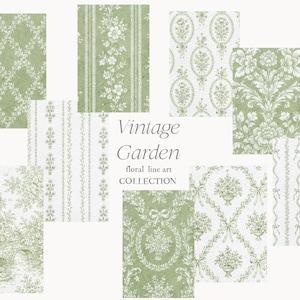 May include: A collection of vintage-style floral patterns in shades of green and white. The designs include trellis, stripes, and botanical motifs, with the words "Vintage Garden floral line art COLLECTION".