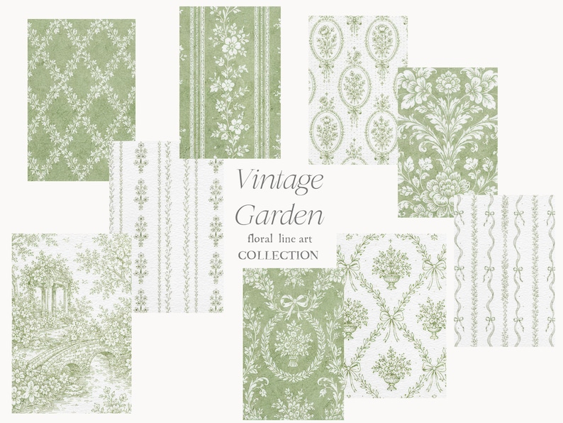 May include: A collection of vintage-style floral patterns in shades of green and white. The designs include trellis, stripes, and botanical motifs, with the words "Vintage Garden floral line art COLLECTION".