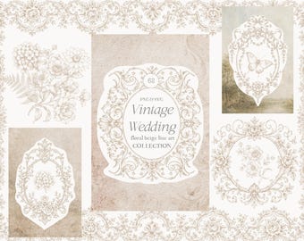 Vintage Wedding Beige Collection - SVG and PNG - Wedding Clipart - Floral Baroque Line Art - Victorian Frame - Ornamental Border