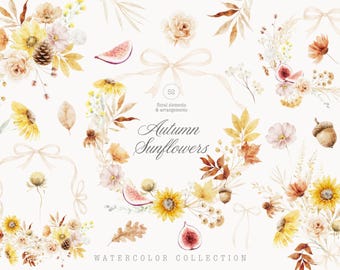Watercolor Sunflower Autumn Collection - Wedding Clipart - Autumn Florals - Fall Leaves and Arrangements - Ribbons and Bows