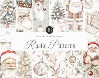 May include: Set of 16 watercolor seamless patterns featuring rustic Christmas designs. The patterns include deer, Santa Claus, ornaments, snowflakes, and pine branches in shades of brown, white, and green.