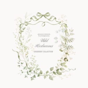 Puede incluir: Ilustraci&oacute;n en acuarela de una corona ovalada compuesta por follaje y cintas verdes. La corona presenta varias hojas y ramitas. El texto "Wild Herbaceous" est&aacute; en el centro, con "greenery elements & arrangements" arriba y "greenery collection" abajo.
