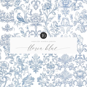 Ink Line Art Grandmillenial Floral Seamless Patterns - Vintage Flowers - Blue Ink Florals - Repeated Patterns - Vintage Patterns - Line Art