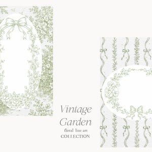 May include: Two vintage-style floral art designs. One features an oval frame with a bow and floral accents, set against a garden scene. The other has an oval floral wreath with ribbons on a striped background. Text reads "Vintage Garden floral line art COLLECTION."
