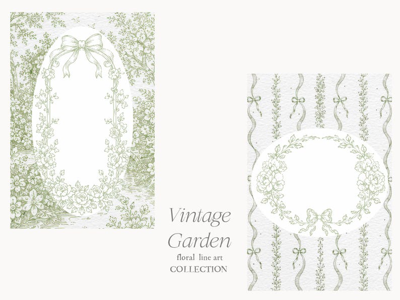 May include: Two vintage-style floral art designs. One features an oval frame with a bow and floral accents, set against a garden scene. The other has an oval floral wreath with ribbons on a striped background. Text reads "Vintage Garden floral line art COLLECTION."