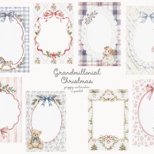 May include: A collection of eight rectangular cards featuring watercolor illustrations with central oval or scalloped frames. Designs include a rocking horse, a puppy, a stocking, a teddy bear, and a rabbit, accented with bows, holly, and plaid patterns.