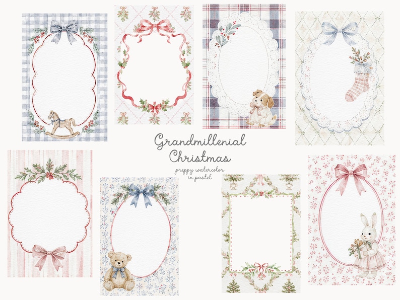 May include: A collection of eight rectangular cards featuring watercolor illustrations with central oval or scalloped frames. Designs include a rocking horse, a puppy, a stocking, a teddy bear, and a rabbit, accented with bows, holly, and plaid patterns.
