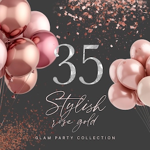 Kit de création de fête élégant et glamour en or rose et vieux roses, collection de cliparts - ballons en or rose - paillettes d'or rose - feuille d'argent