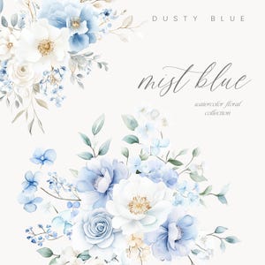 Clipart Floral Azul Empoeirado - Clipart Floral Aquarela - Hortênsia Azul Empoeirado - Anêmona - Azul Empoeirado - Azul - Algo Azul - Clipart de Casamento