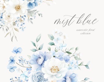 Dusty Blue Floral Clipart - Watercolor Floral Clipart - Dusty Blue Hydrangea - Anemone - Dusty Blue - Blue - Something Blue -Wedding Clipart