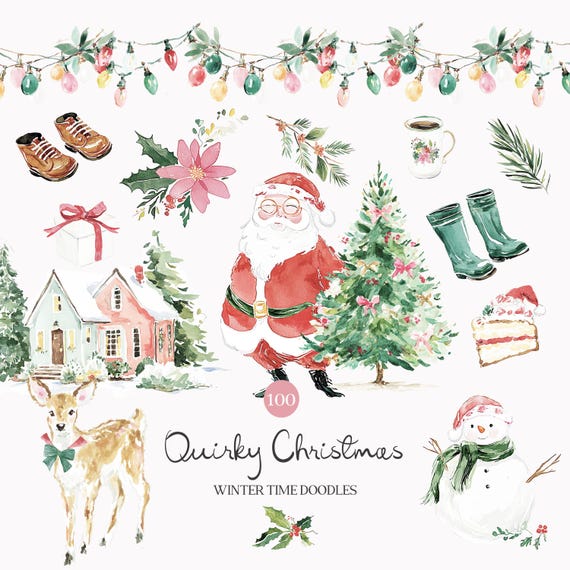 Watercolor Quirky Christmas ClipArt - Doodles Christmas ClipArt - Coquette Christmas - Santa Claus ClipArt - Whimsical Illustrations ClipArt