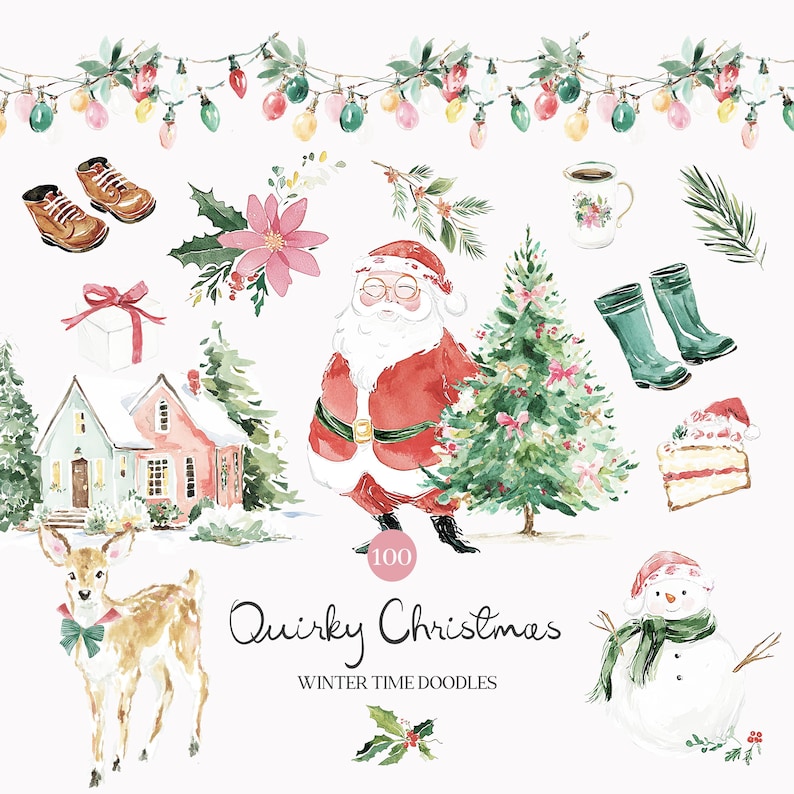 May include: Watercolor illustration featuring Christmas-themed elements. Santa Claus in a red suit, a decorated Christmas tree, a snowman, and a deer with a green bow. The image also includes houses, boots, and the text "Quirky Christmas".