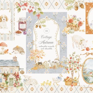 Colección de acuarelas de casas de campo otoñales - Estilo campestre - Gráficos de Cotswolds - Campo - Grandmillennial - Fondos - Imágenes prediseñadas para guardería