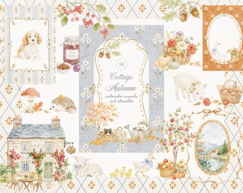 Watercolor Autumn Cottage Collection - Cottagecore - Cotswolds Graphics - Countryside - Grandmillennial - Backgrounds - Nursery Clipart