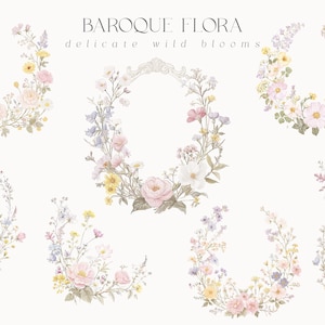 Puede incluir: Elementos de dise&ntilde;o floral en acuarela en suaves colores pastel. La imagen presenta varios arreglos de flores delicadas, incluyendo coronas, marcos ovalados y dise&ntilde;os de esquina. El texto en la parte superior dice "Baroque Flora, delicate wild blooms."