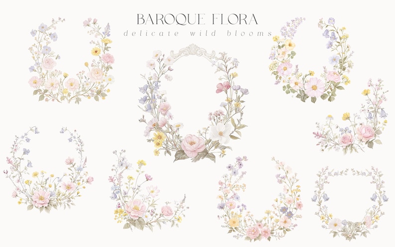 Puede incluir: Elementos de dise&ntilde;o floral en acuarela en suaves colores pastel. La imagen presenta varios arreglos de flores delicadas, incluyendo coronas, marcos ovalados y dise&ntilde;os de esquina. El texto en la parte superior dice "Baroque Flora, delicate wild blooms."