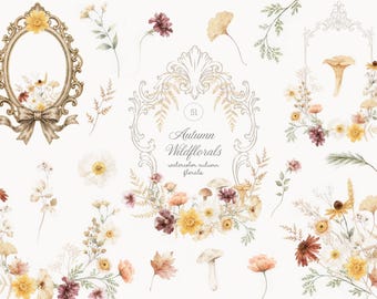 Watercolor Autumn Wild Floral Collection - Fall Flowers - Mushrooms - Florals Clipart - Ink Line Art Frames