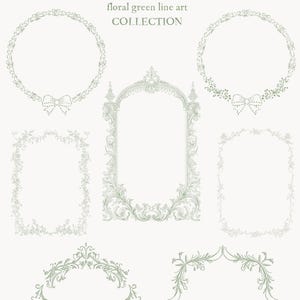 Op de afbeelding: Een verzameling bloemige groene lijntekeningen van frames en decoratieve elementen. De afbeelding toont verschillende framevormen, waaronder cirkels, rechthoeken en sierlijke bogen, met delicate bloemen- en strikdesigns. Tekst luidt "Vintage Reviere floral green line art COLLECTION".