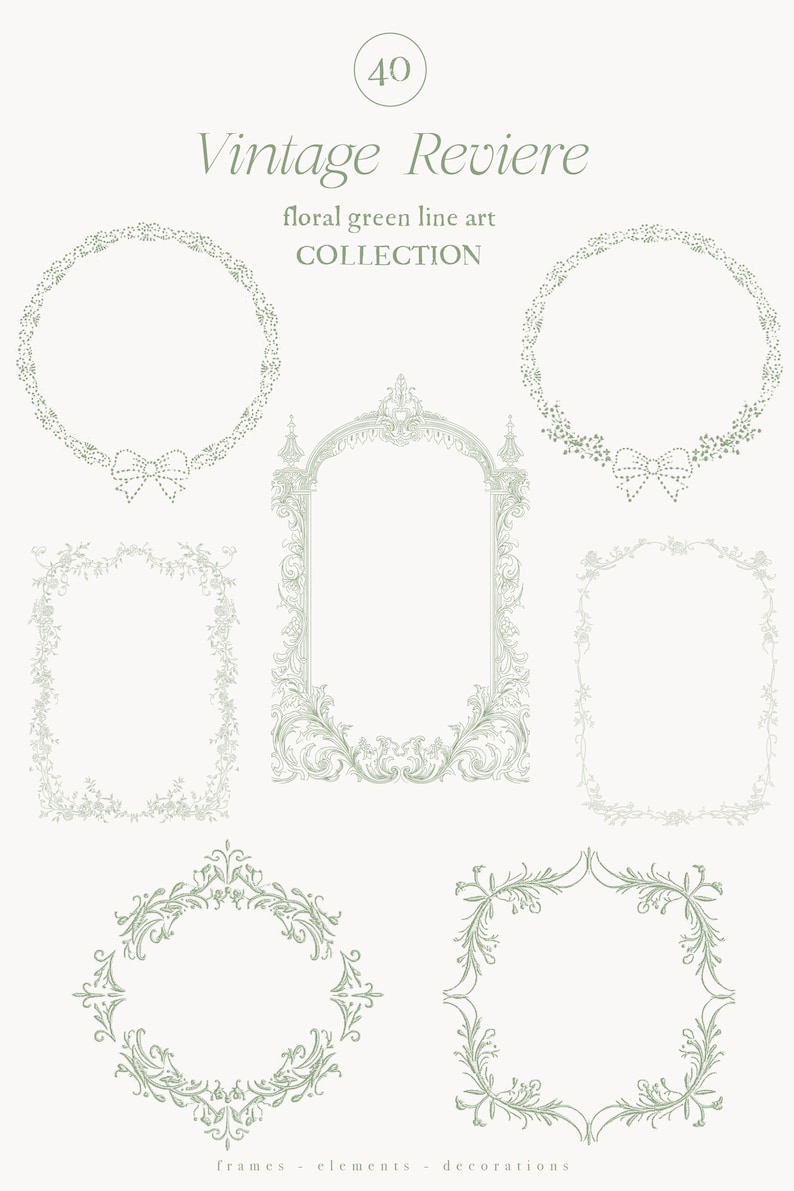Op de afbeelding: Een verzameling bloemige groene lijntekeningen van frames en decoratieve elementen. De afbeelding toont verschillende framevormen, waaronder cirkels, rechthoeken en sierlijke bogen, met delicate bloemen- en strikdesigns. Tekst luidt "Vintage Reviere floral green line art COLLECTION".