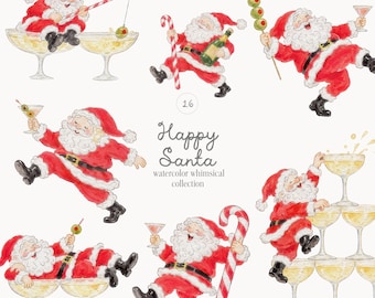 Happy Santa Watercolor Clipart Bundle - Funny Christmas Cocktail PNG - Santa Claus Clip Art -  Whimsical Party Graphics
