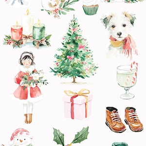 May include: Watercolor illustrations of Christmas-themed items. Includes a Christmas tree, snowman, candles, a gift, a dog with a scarf, a house, a cupcake, a girl, boots, a sweater, and a slice of cake. Text reads "Quirky Christmas Winter Time Doodles."