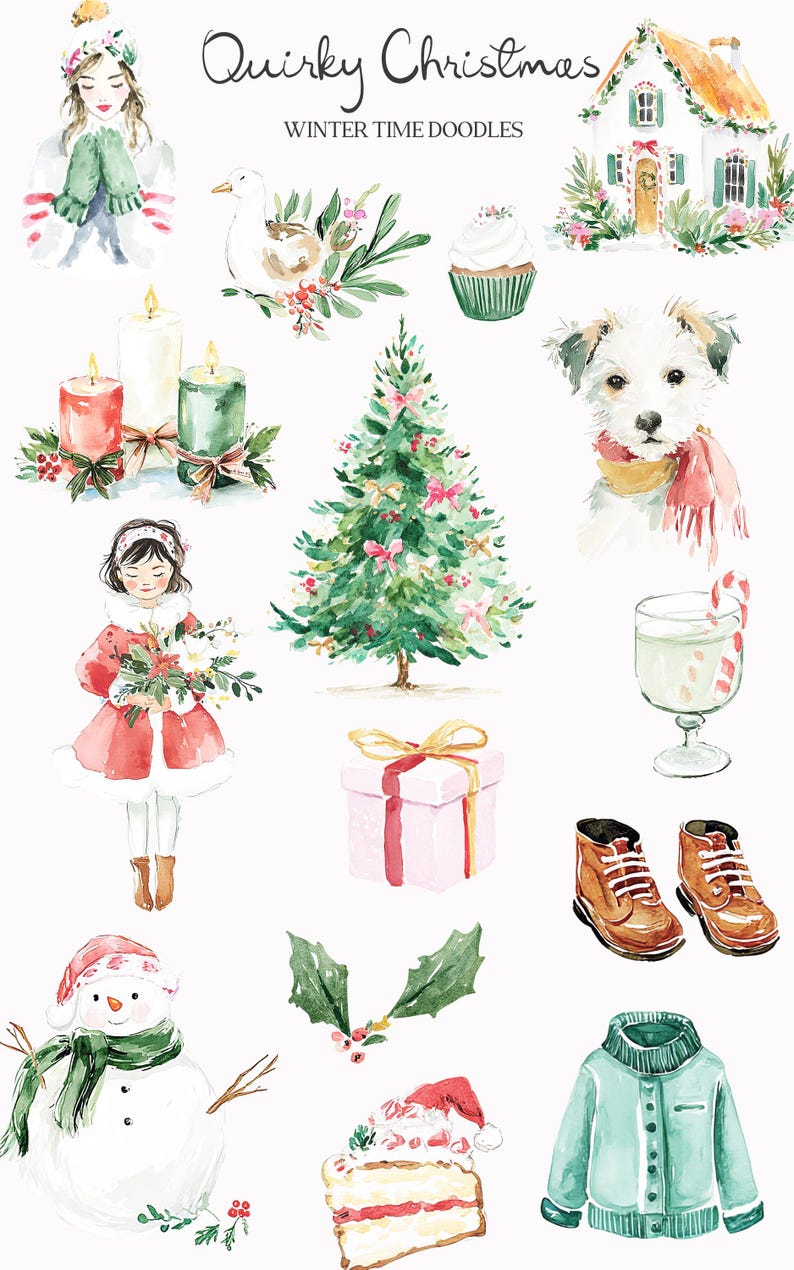 May include: Watercolor illustrations of Christmas-themed items. Includes a Christmas tree, snowman, candles, a gift, a dog with a scarf, a house, a cupcake, a girl, boots, a sweater, and a slice of cake. Text reads "Quirky Christmas Winter Time Doodles."