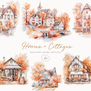 Herbst Aquarell Clipart - Herbst Clipart - Aquarell Herbst - Gemütliches Clipart - Herbstsaison - Herbsthäuser - Unbegrenzte Verkaufslizenz-Herbst Clipart
