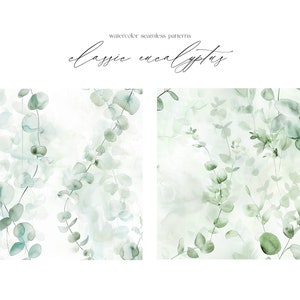 K&ouml;nnte beinhalten: Zwei nahtlose Aquarellmuster mit Eukalyptusbl&auml;ttern in Gr&uuml;nt&ouml;nen auf wei&szlig;em Hintergrund. Der Text "classic eucalyptus" steht &uuml;ber den Mustern.