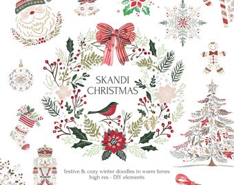 May include: A collection of festive Christmas doodles in warm tones. The image includes a Santa Claus face, a wreath with a bird, a Christmas tree, a gingerbread man, and other holiday-themed elements. Text reads "SKANDI CHRISTMAS".