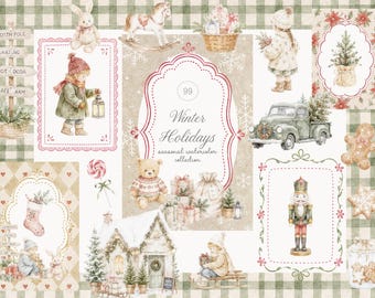 Watercolor Winter Holidays Collection - Winter Bundle - Christmas Premade Cards - Kids in Festive Xmas - Cards - Digital Download