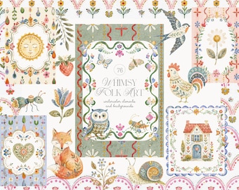 May include: A collection of watercolor illustrations featuring a central rectangular frame with the text 76 Whimsy Folk Art watercolor elements and backgrounds, surrounded by a sun, owl, fox, snail, rooster, house, flowers, and insects.