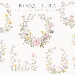 Puede incluir: Dise&ntilde;os florales en acuarela con delicadas flores en suaves colores pastel. La imagen incluye coronas ovaladas y circulares, arreglos florales y un dise&ntilde;o en forma de escudo. El texto en la parte superior dice "Baroque Flora, delicate wild bloom."